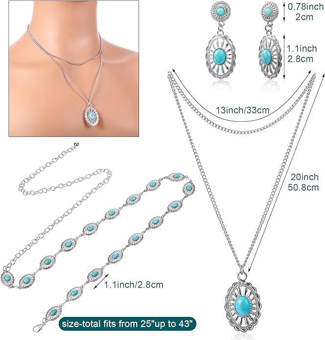 Haysandy 4 Pcs Turquoise Western Jewelry Sets for Women Bohemian Vintage Concho Necklace Classic Dangle Earrings Bracelet Belt