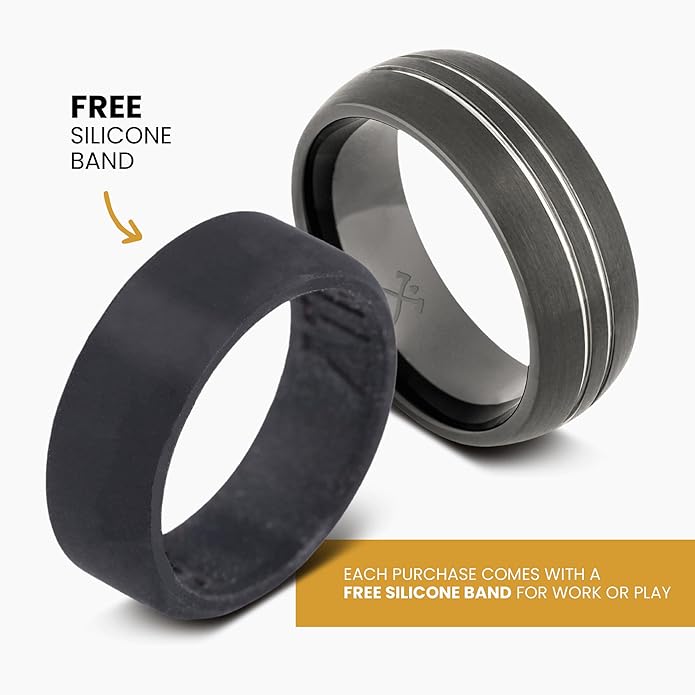Manly Bands: Mens Black Plated Tungsten and Black Zirconium Wedding Bands and Rings - Comfort Fit and Stylish Black Rings for Men, Free Silicone Ring Included