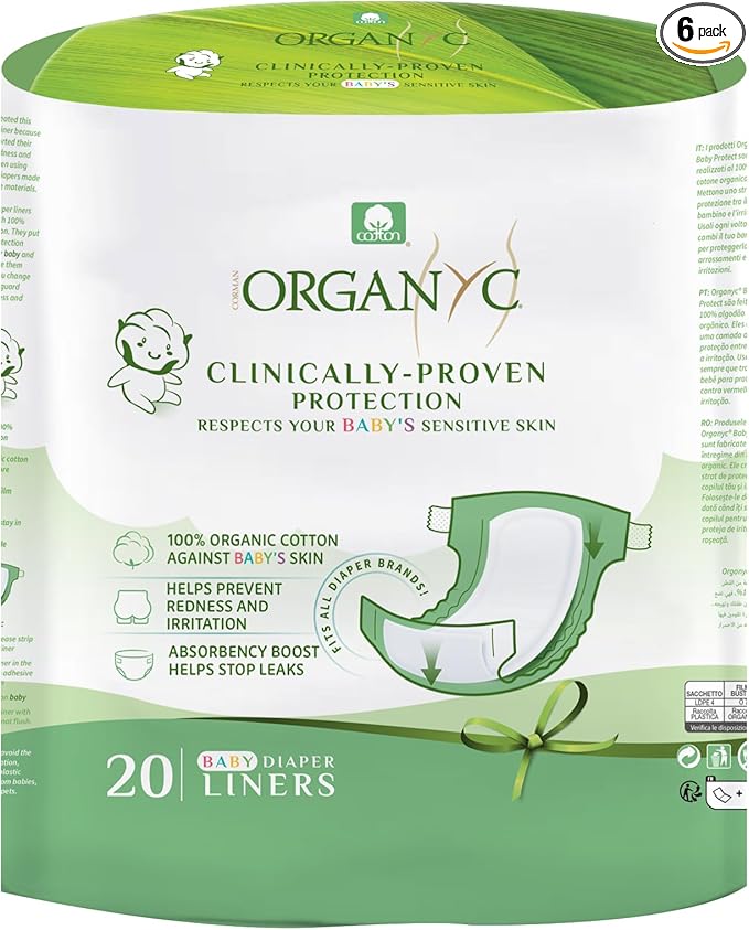 Organyc 100% Certified Organic Cotton Baby Diaper Liner for Sensitive Skin, Fits All Brands and Sizes Diapers Except New Born, 20 Count (Pack of 6)