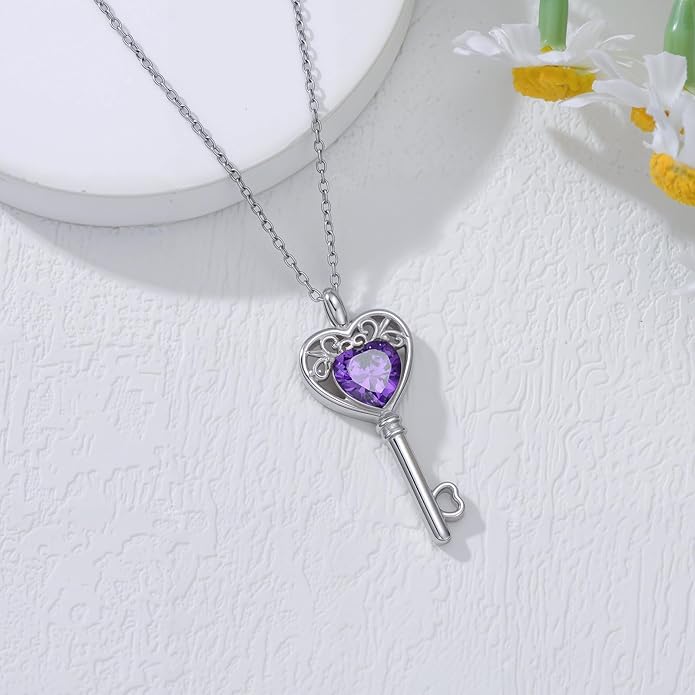 WSX Heart Key Birthstone Necklace for Women 925 Sterling Silver Love Key Pendant with Birthstone Valentine's Day Anniversary Jewelry Gift for Her