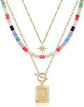MJartoria Layered Initial Necklaces for Women Trendy, 14K Gold Plated Brass Simple Star Choker Square Letter Pendant Necklace, Colorful Beaded Necklaces Jewelry Gifts