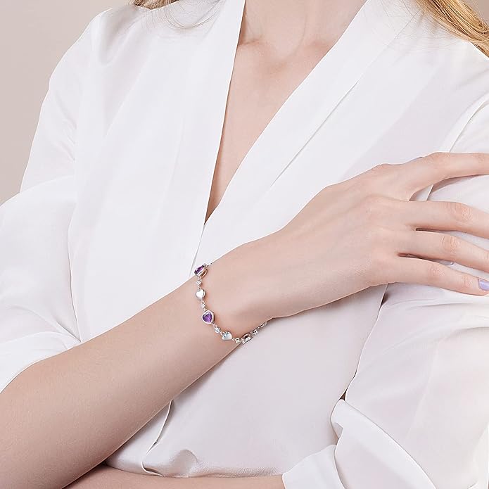 Carleen Birthstone Bracelets for Women 925 Sterling Silver Five Heart Station Created Gemstone Tennis Bracelet Jewelry Anniversary Birthday for Wife, 7"+1.2" Extender