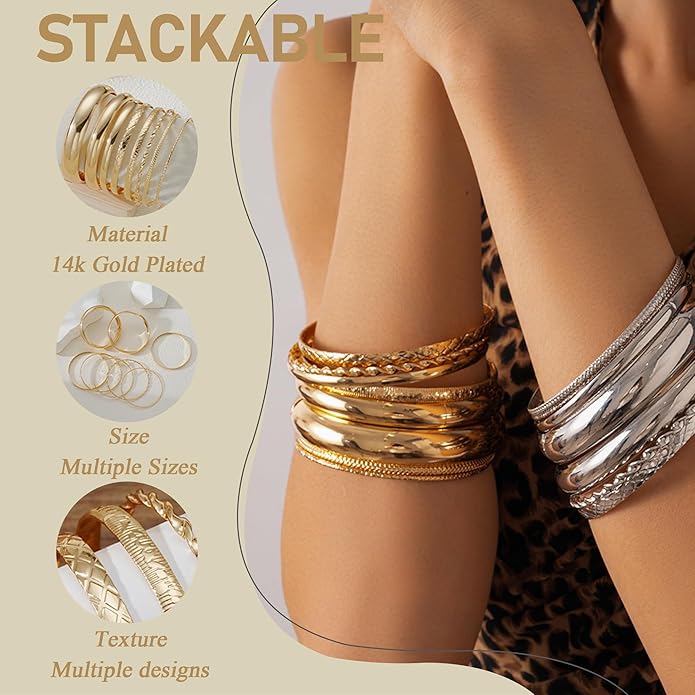 YEEZII Gold Bangle Bracelets for Women, 7Pcs 14K Gold Plated Boho Indian Multi Stackable Textured Bracelets, Chunky Bangles Set for Women Jewelry Gifts