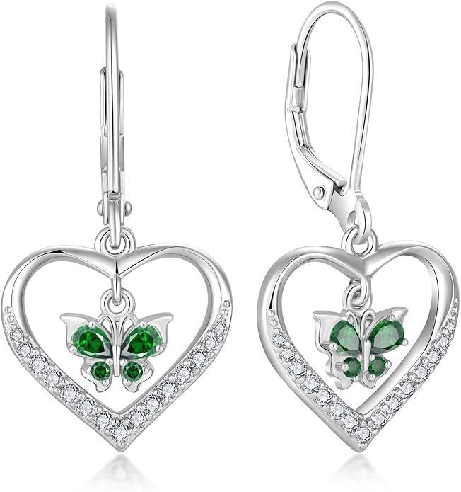Butterfly Birthstone Heart Dangle Drop Earrings, 925 Strlings Silver 5A Cubic Zircon Leverback Earrings Jewelry Anniversary Birthday Gifts for Women