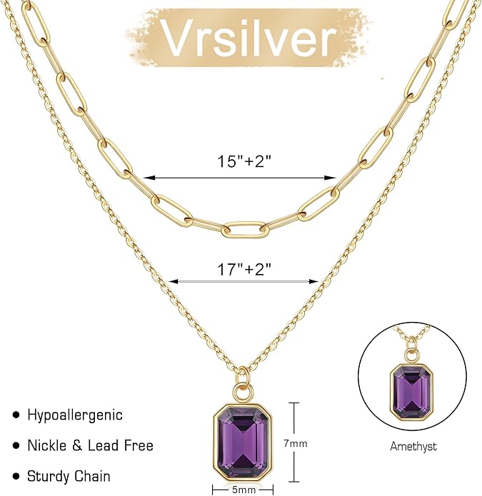 Layered Birthstone Necklace for Women Girls, 14K Gold-Plated Paperclip Chain Choker Necklace with Rectangle Birthstone Pendant Birthday Gifts for Women Girls Dainty Small