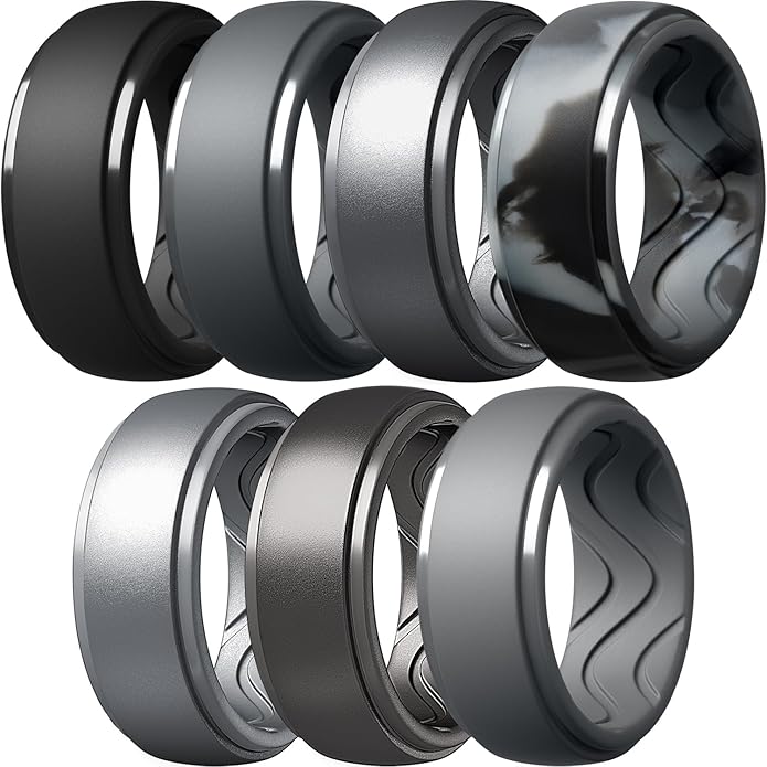Egnaro Men's Silicone Rings 10mm Wide 2.5mm Thick, Rubber Wedding Bands with Inner Arc Ergonomic Breathable Design, 1/4/5/7 Variety Multipack