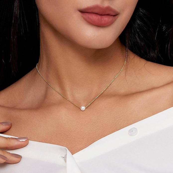 Zeffy Pearl Necklace 4MM/6MM/8MM Dainty Round Imitation Pearl Choker Necklace Wedding Pearl Necklace Delicate Jewelry for Women Simple Bridesmaid Jewelry Gifts