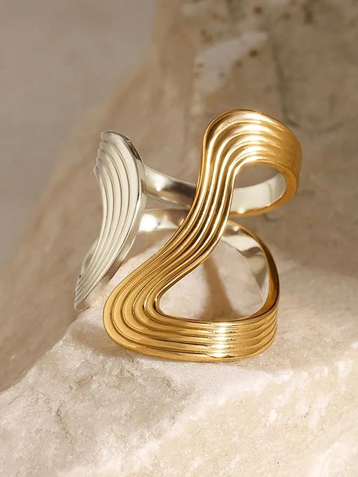 Chunky Rings For Women, Gold Silver Thumb Ring Asymmetrical Wavy Curve Ring Adjustable Non Tarnish Dainty Stainless Steel New Year Anniversary Birthday Jewelry Gift
