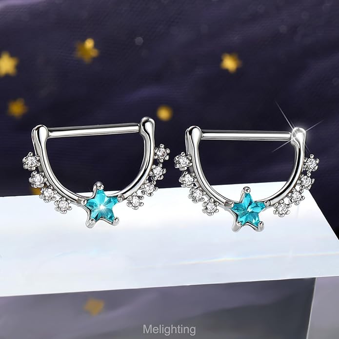 Melighting 14G Star Nipple Rings Steel 316L Nipple Piercing Jewelry Clear CZ Nipple Bars Clicker Nipple Barbell For Women Men 14mm
