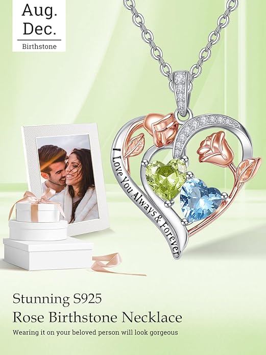 Valentine's Day Gifts for Wife 925 Sterling Silver Double Birthstone Pendant Necklaces I Love You for Always and Forever Necklace Anniversary Birthday Gifts for Wife Girlfriend Mom Her