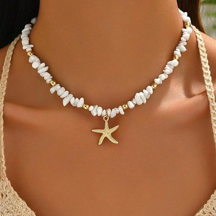 Shell Starfish Necklace for Women, 14k Gold Plated Boho Layered Beaded Charm Pendant Necklace, Dainty Adjustable Pearl Conch Summer Beach Vacation Jewelry Gifts