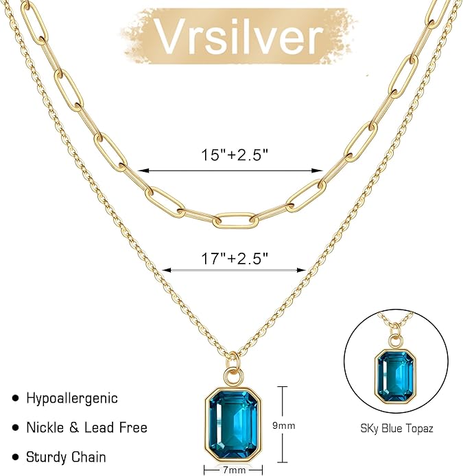 Layered Birthstone Necklace for Women Girls, 14K Gold-Plated Paperclip Chain Choker Necklace with Rectangle Birthstone Pendant Birthday Gifts for Women Girls Dainty Small