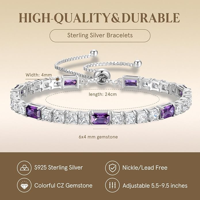 FANCIME Birthstone Bracelet for Women, Sterling Silver 4x6mm Gemstone Tennis Bracelet Bolo Adjustable Chain Fine Jewelry Birthday Gifts for Women Mom Wife Her