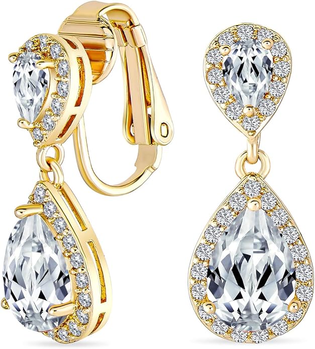 Vintage Style Bridal Cubic Zirconia Simulated Gemstone AAA CZ Halo Dangle Teardrop Chandelier Clip On Earrings For Women Silver Rose Gold Plated in Black Purple Blue Red Rose Pink Green Clear