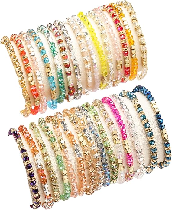 30Pcs Boho Beaded Bracelets for Women Colorful Stackable Sparkly Crystal Beads Bracelets Multi-Layer Versatile Statement Bracelets Stretch Cuff Jewelry Gifts