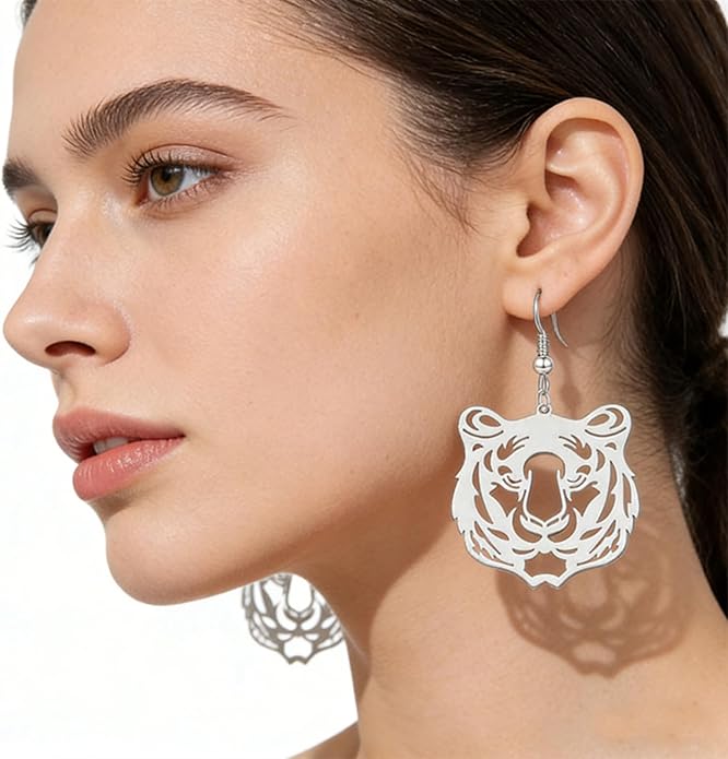 WCRAZYE Tiger Head Earrings for Women, Lightweight Gold, Football Team Spirit Mascot, Animal Inspired Game Day Jewelry