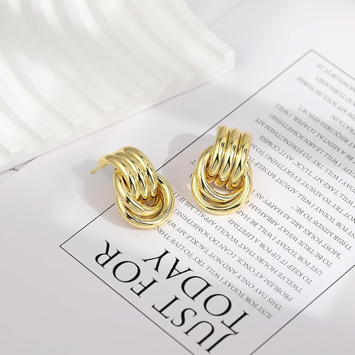 Chunky Gold Knot Earrings for Women, Gold Silver Statement Geometric Drop Dangle Long Link Earrings Trendy Dupes Jewelry