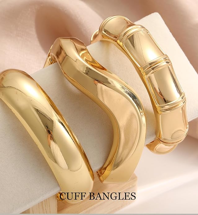 Chunky Gold Bangle Bracelets for Women, 14k Gold Plated Dainty Cuff Stackable Bangles Set, Trendy Bracelet Stack Fashion Jewelry Gifts