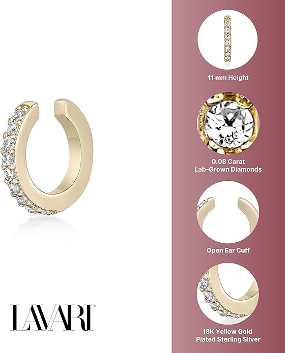 Lavari Jewelers Lab Grown Diamond Huggie Ear Cuff Earring for Women - 18k Yellow Gold Plated 925 Sterling Silver Earrings for Her (F-G, VS1-VS2, 0.08 cttw) Open Non Piercing Hypoallergenic