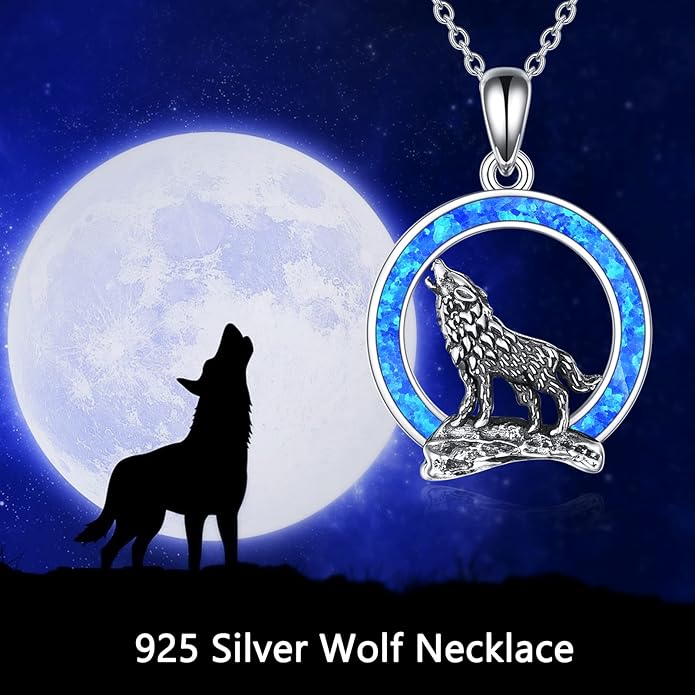 YFN Wolf Necklace Gifts for Men Women Sterling Silver Opal Moon Wolfs Jewelry Birthday 18+2"
