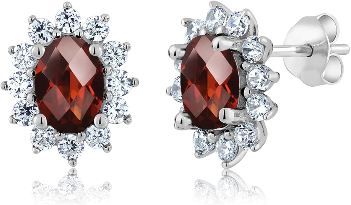 Gem Stone King 7X5MM Oval Gemstone Birthstone Stud Earrings For Women | Princess Diana Royal Halo Style | 925 Sterling Silver | Fine Jewelry Gifts for Anniversary Wedding Her Mom Women Wife