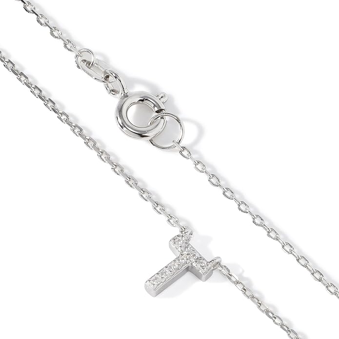 JTV Sterling Silver Initial Necklace for Women, 0.13 CTW White Cubic Zirconia Letter Pendant, Rhodium-Plated, Personalized Monogram Jewelry, Gift Box Included, 18”