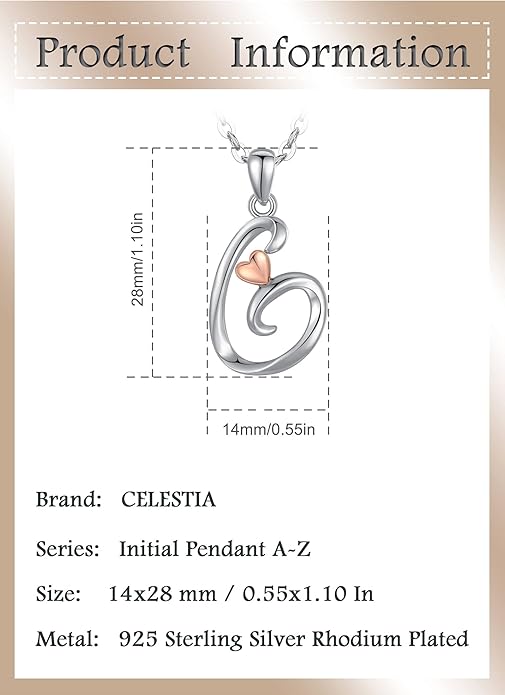 CELESTIA 925 Sterling Silver Initial Necklaces 26 Letter with Rose Gold Heart - 18 Inch Chain