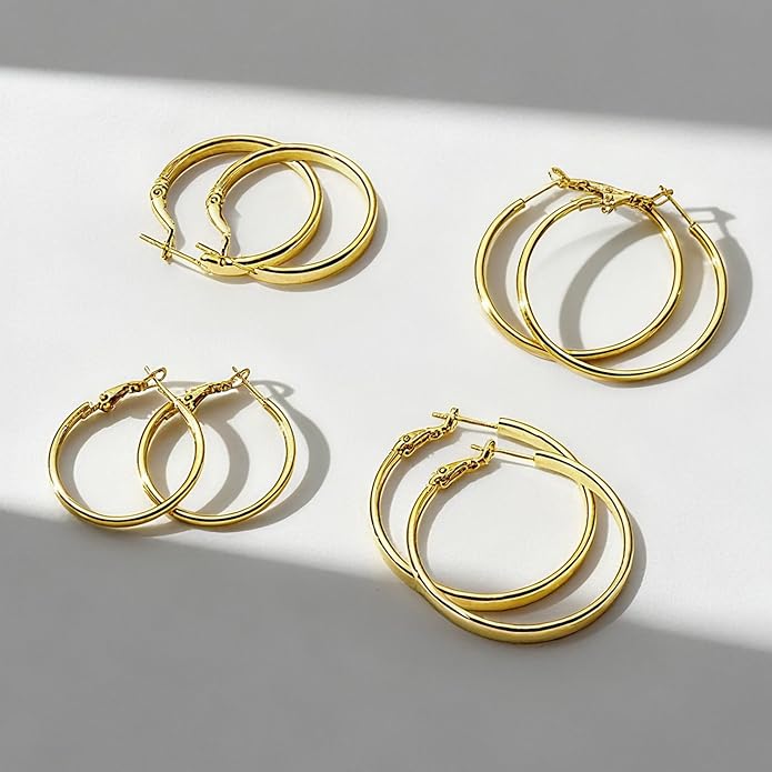 4 Pairs Silver Gold Hoop Earrings for Women | 14K Gold Plated Hoop Earrings Set Hypoallergenic Earring Lightweight Dangle Earrings Set