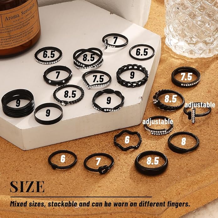 KISS WIFE Goldenen Silvery Black Kunckle Rings Set for Women, Dainty Simple Trendy Cute Stackable Finger Rings Pack, Perfect for Stacking Layering on Thumb and Knuckle, Mixed Size, Jewelry Gift