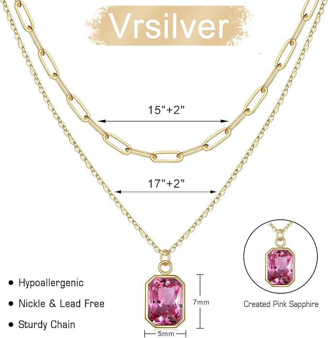 Layered Birthstone Necklace for Women Girls, 14K Gold-Plated Paperclip Chain Choker Necklace with Rectangle Birthstone Pendant Birthday Gifts for Women Girls Dainty Small