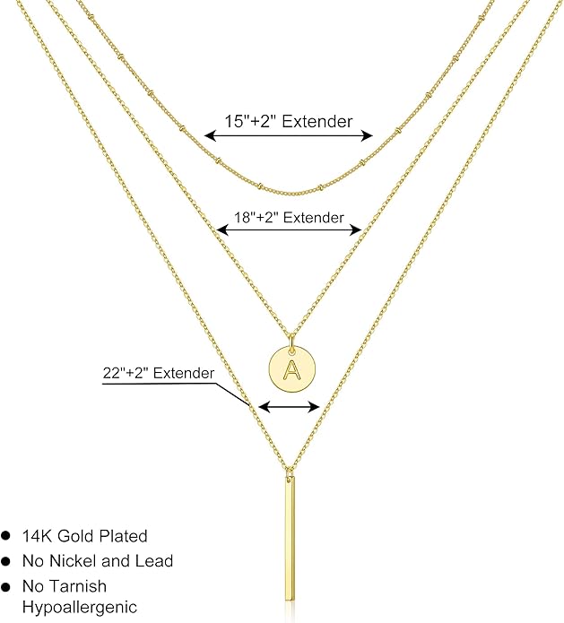 Valentines Gifts for Her - Initial Layered Necklaces for Women, 14K-Gold-Plated Coin Letter Necklace Bar Stacking Layer Necklace Multi Bar Layering Y-Necklaces Jewelry for Women