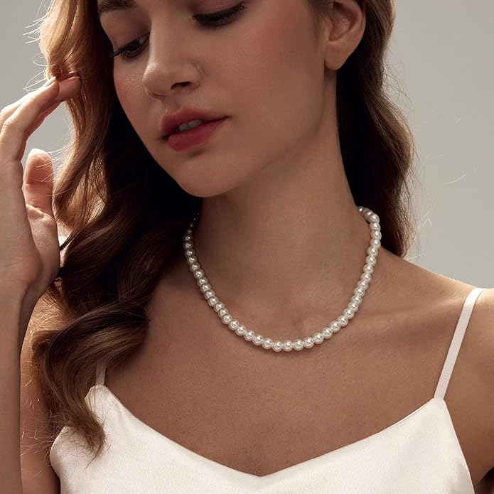 Zeffy Pearl Necklace 4MM/6MM/8MM Dainty Round Imitation Pearl Choker Necklace Wedding Pearl Necklace Delicate Jewelry for Women Simple Bridesmaid Jewelry Gifts