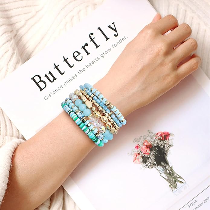 GOOJIDS Surfer Heishi Clay Bead Bracelets for Women Bohemian Stackable Gold Plated Beaded Stretch Bracelets Elastic Layering Friendship Bracelets Set Boho Jewelry