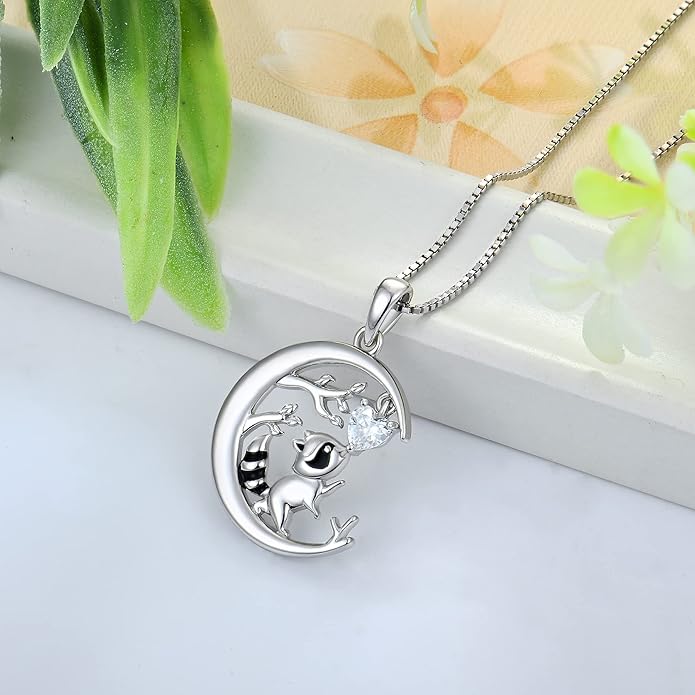 STARCHENIE Raccoon Necklace 925 Sterling Silver Heart Birthstone Pendant Cute Animal Jewelry for Women