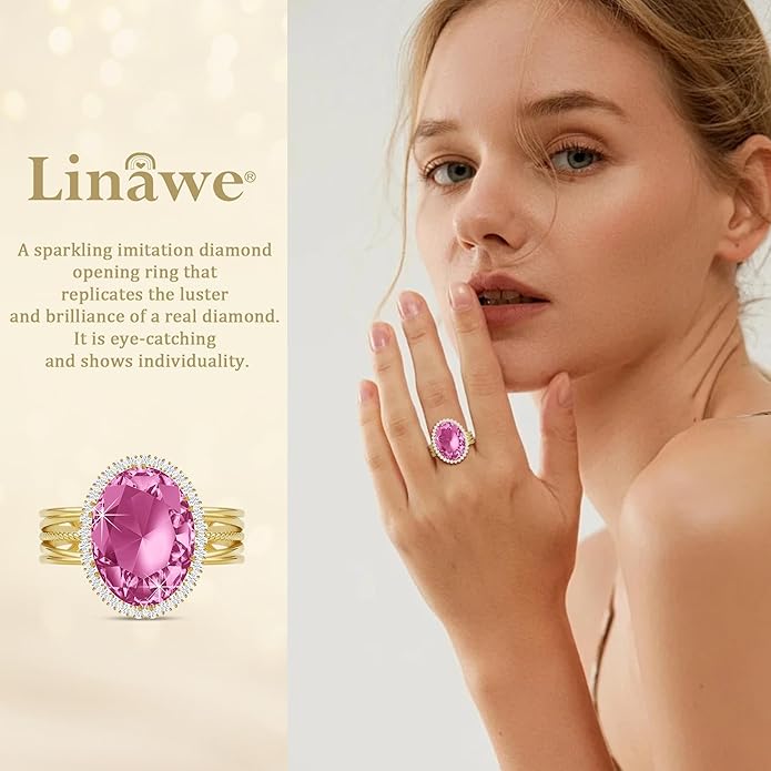 Linawe Birthstone Chunky Adjustable Rings for Women, Gold/Silver/Rose Gold Statement Rings, Imitation Diamond Fake Gemstone Crystal Cocktail Ring, Cubic Zirconia Costume Jewelry