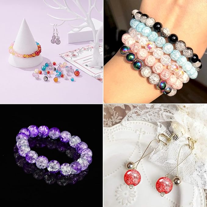 300pcs Crackle Glass Beads, 6mm and 8mm Pink Crystal Glass Beads Round Loose Spacer Bulk Beads for DIY Craft Earring Necklace Bracelet Jewelry