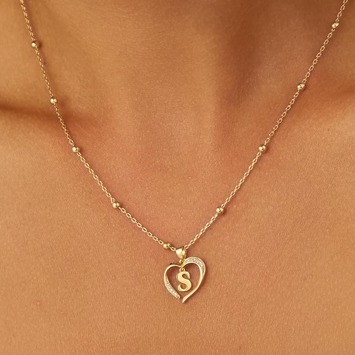 Cicy Bell Womens Heart Initial Necklace for Women 18k Gold Plated Shell Personalized Letter Pendant Necklace 17.7'' with 2'' Extender