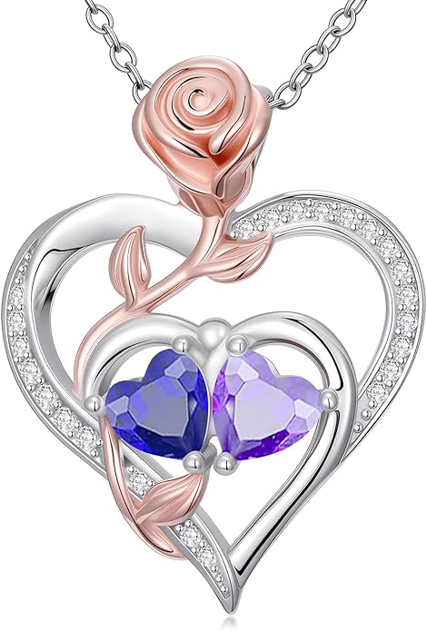 Rose Flower Heart Pendant for Women Birthday Gifts 18k Gold Plated Mother Daughter Necklace with 12 Months Birthstone Christmas Valentines Day Gifts for Her Mom Anniversarry Jewelry for Mom Wife Girlfriend