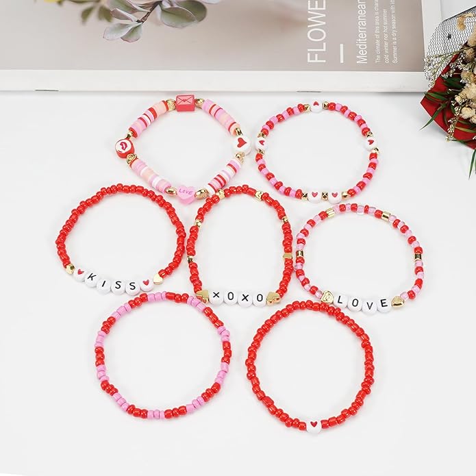 Beaded Bracelet for Women Pink Love Heart Stretch Bracelets Accessories