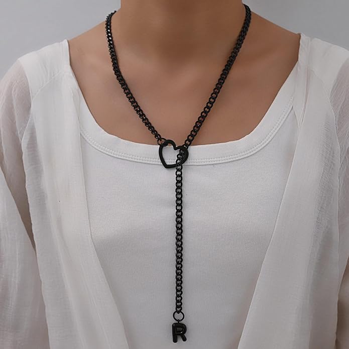Black Heart Slip Chain Initial Necklaces for Women,Stainless Steel O-Ring Adjustable Lariat Heart Y-Necklace,Punk Gothic Cuban Collar Choker Necklace for women