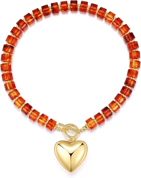 GZQ Chunky Gold Heart Necklace for Women, Acrylic Beaded Chain with Puff Heart Adjustable Clasp, Perfect for Daily Wear Party Date Streetwear Outfits Fashion Jewelry Gift