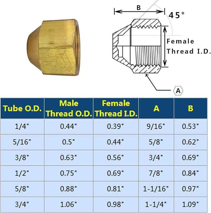 Brass 45 Degree Flare Cap 3/8" Tube OD SAE Fitting 5pcs - Image 3