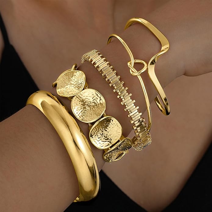 iF YOU Gold Bangle Bracelets for Women, Dainty Knot 14K Gold Plated Multi Layer Bangle Cuffs, Personalized Boho Chunky Bracelets for Women Jewelrys Set Gifts