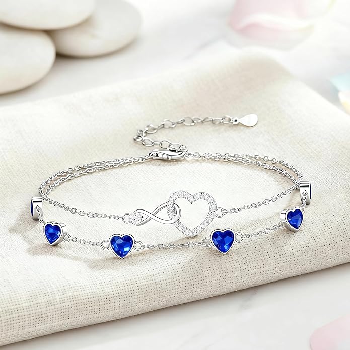 Prismata Infinity Birthstone Charm Link Bracelet 925 Sterling Silver Adjustable 12 Months Birthstone Infinity Bracelet Birthday Jewelry Gifts for Women Mom Her,with 7"+2" chain