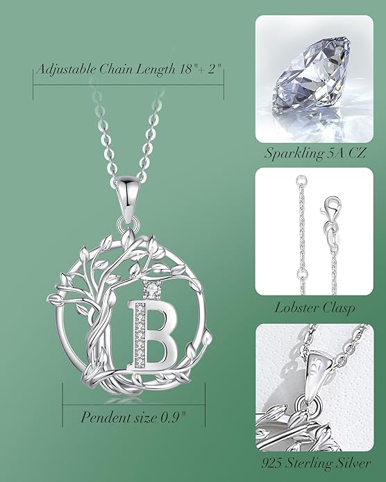 FANCIME Tree of life Initial necklaces for women, Sterling Silver Tree Jewelry Simulated Diamond Letter Pendant Cubic Zirconia CZ Personalized Birthday Mothers Day Gifts for Mom Wife Her