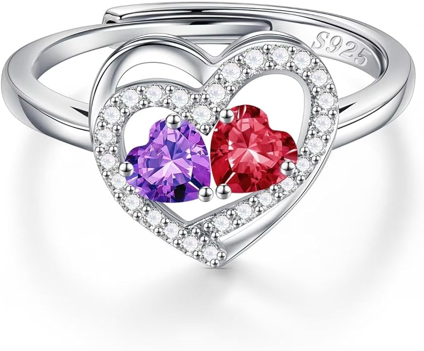 Iefil Adjustable Ring for Women - 925 Sterling Silver Double Birthstone Rings, Anniversary Birthday Gifts for Women Wife Her