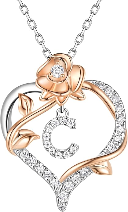 Valentines Day Gifts Rose Heart Letter Initial Necklace for Women, S925 Sterling Silver Pendant Necklace Adjustable Dainty Rose Flower Jewelry Gift for Her