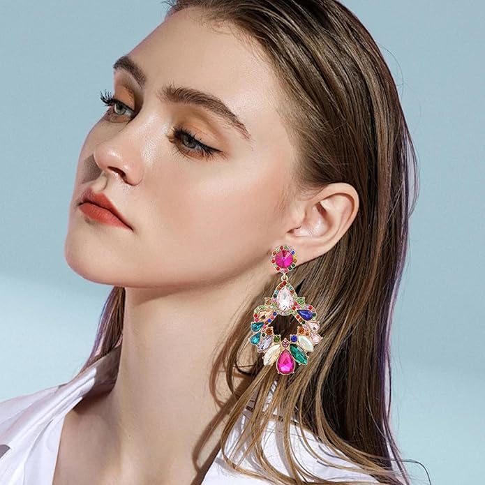 Fashion Rhinestone Statement Drop Dangle Earrings Large Colorful Crystal Chandelier Earrings for Women Bridal Wedding Party Prom