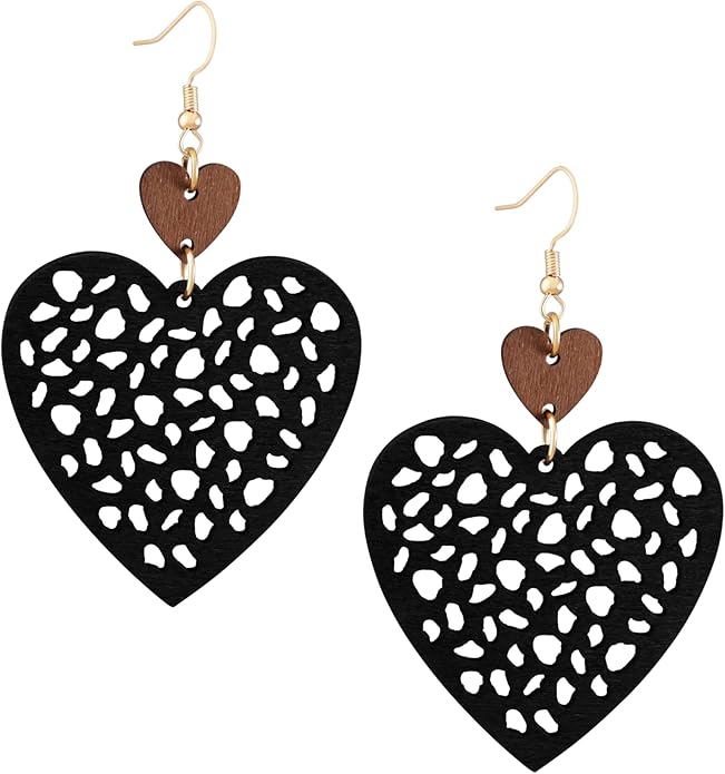 MINACHI Bohemian Hollow Cut-Out Wood Leather Dangle Drop Earrings, Boho Chic Hippie Statement Jewelry Gift for Women