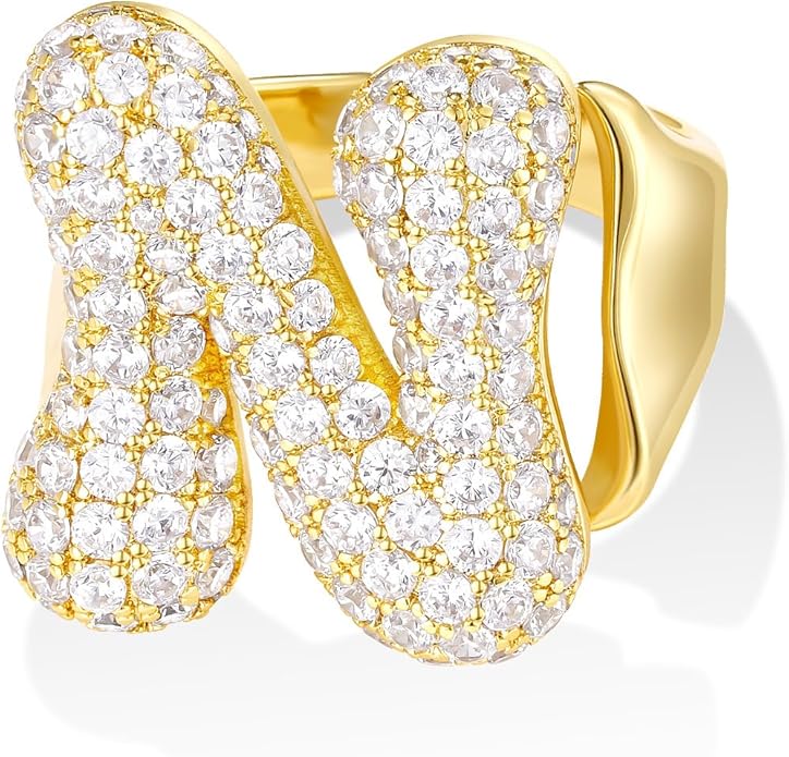 KissYan Bubble Initial Ring Valentines Day Gifts for Women, 14k Gold Plate Balloon Jumbo Letter Rings Open Adjustable Dainty Pave CZ Personalized Fashion Trendy Statement Jewelry